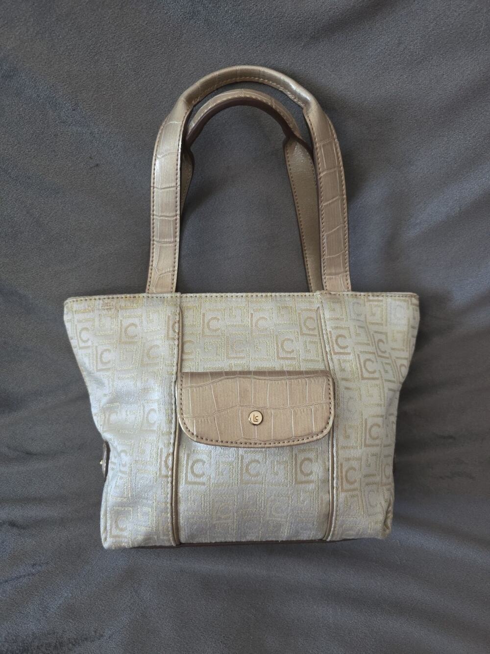 Liz Claiborne Cream Double Handle Tote Bag Purse Glittery Logo Croc Embossed z